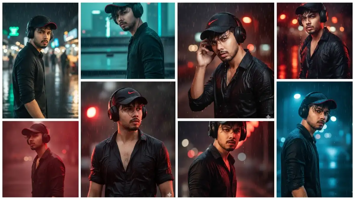 Man in Red-Glow Rain Prompt