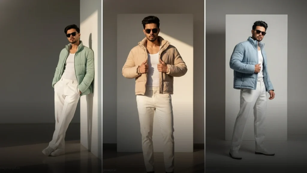 Ai Minimalist Style Mint Green Puffer Jacket & Red Sunglasses Outfit