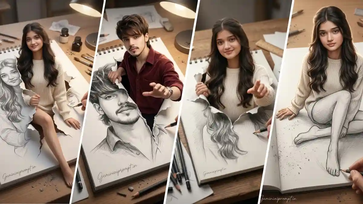 Ultra-Realistic 3d illusion Portrait Breaking Through Notebook Paper Prompt