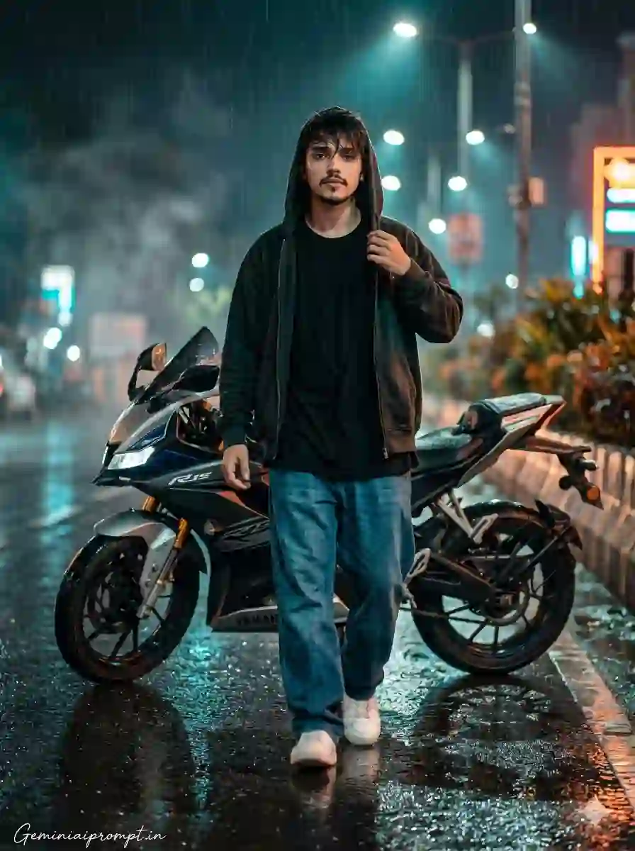 AI prompt image: Viral Biker Photos Prompts for Boys Prompt Fire Effect Shot