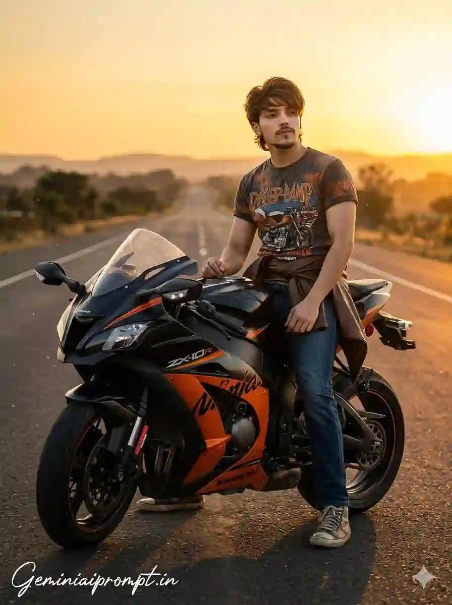 AI prompt image: Viral Biker Photos Prompts for Boys Prompt Cinematic Pose